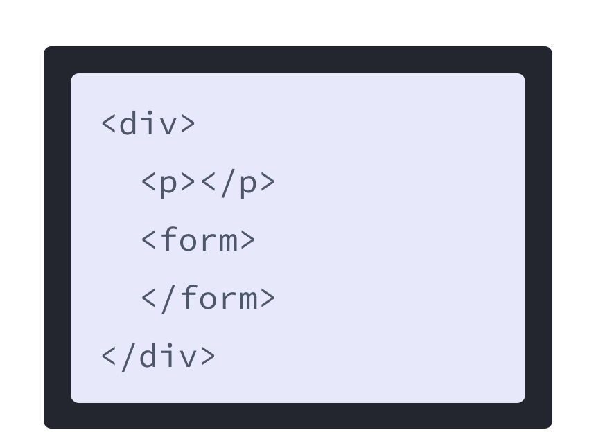 markup HTML dengan latar belakang berwarna ungu dan sebuah div dengan dua children tag: p dan form.